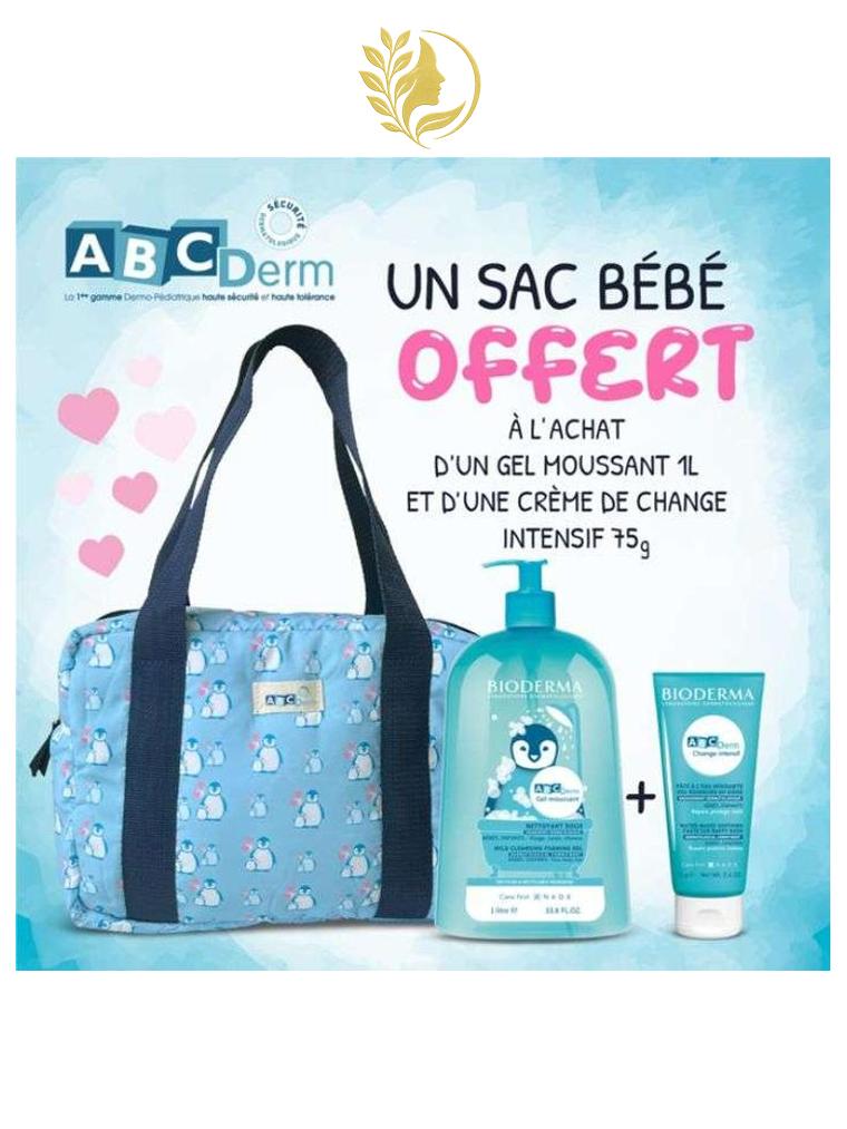 BIODERMA ABCDERM OFFRE GEL MOUSSANT 1LITRE + CHANGE INTENSIF 75G + SAC OFFERT