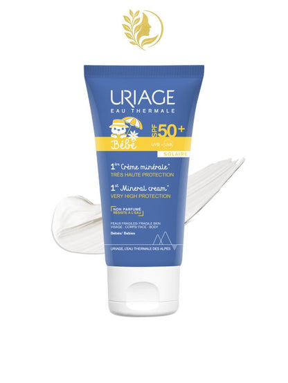 URIAGE BÉBÉ - 1ÈRE CRÈME MINÉRALE SPF50+  PROTECTION SOLAIRE - SANS PARFUM - RÉSISTANT À L'EAU - 50 ML -