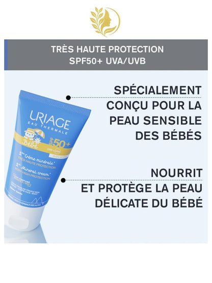 URIAGE BÉBÉ - 1ÈRE CRÈME MINÉRALE SPF50+  PROTECTION SOLAIRE - SANS PARFUM - RÉSISTANT À L'EAU - 50 ML -