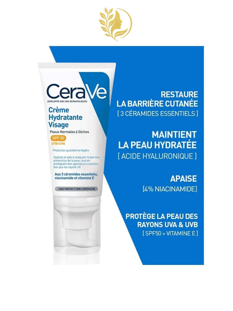 CERAVE CRÈME HYDRATANTE VISAGE SPF50 POUR PEAUX NORMALES À SÈCHES - 52 ML -