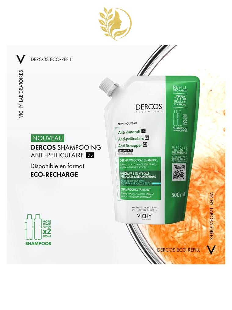 DERCOS TECHNIQUE ECO-RECHARGE SHAMPOOING ANTIPELLICULAIRE DS - CHEVEUX NORMAUX À GRAS - 500 ML -