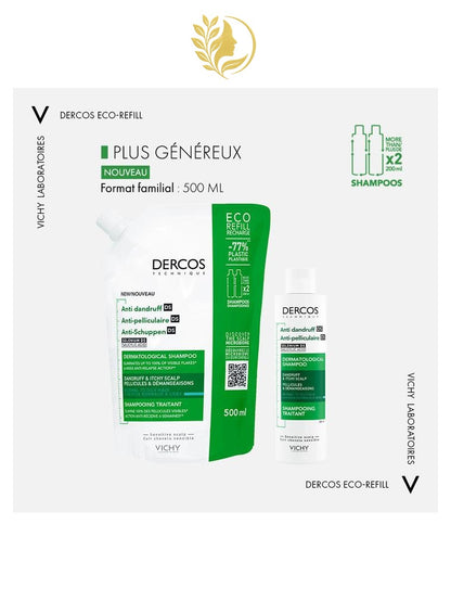 DERCOS TECHNIQUE ECO-RECHARGE SHAMPOOING ANTIPELLICULAIRE DS - CHEVEUX NORMAUX À GRAS - 500 ML -
