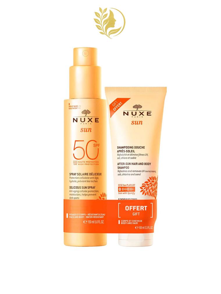 NUXE *03* SUN DUO SPRAY SOLAIRE DÉLICIEUX HAUTE PROTECTION SPF50 150 ML ET SHAMPOOING DOUCHE APRÈS-SOLEIL 100 ML OFFERT